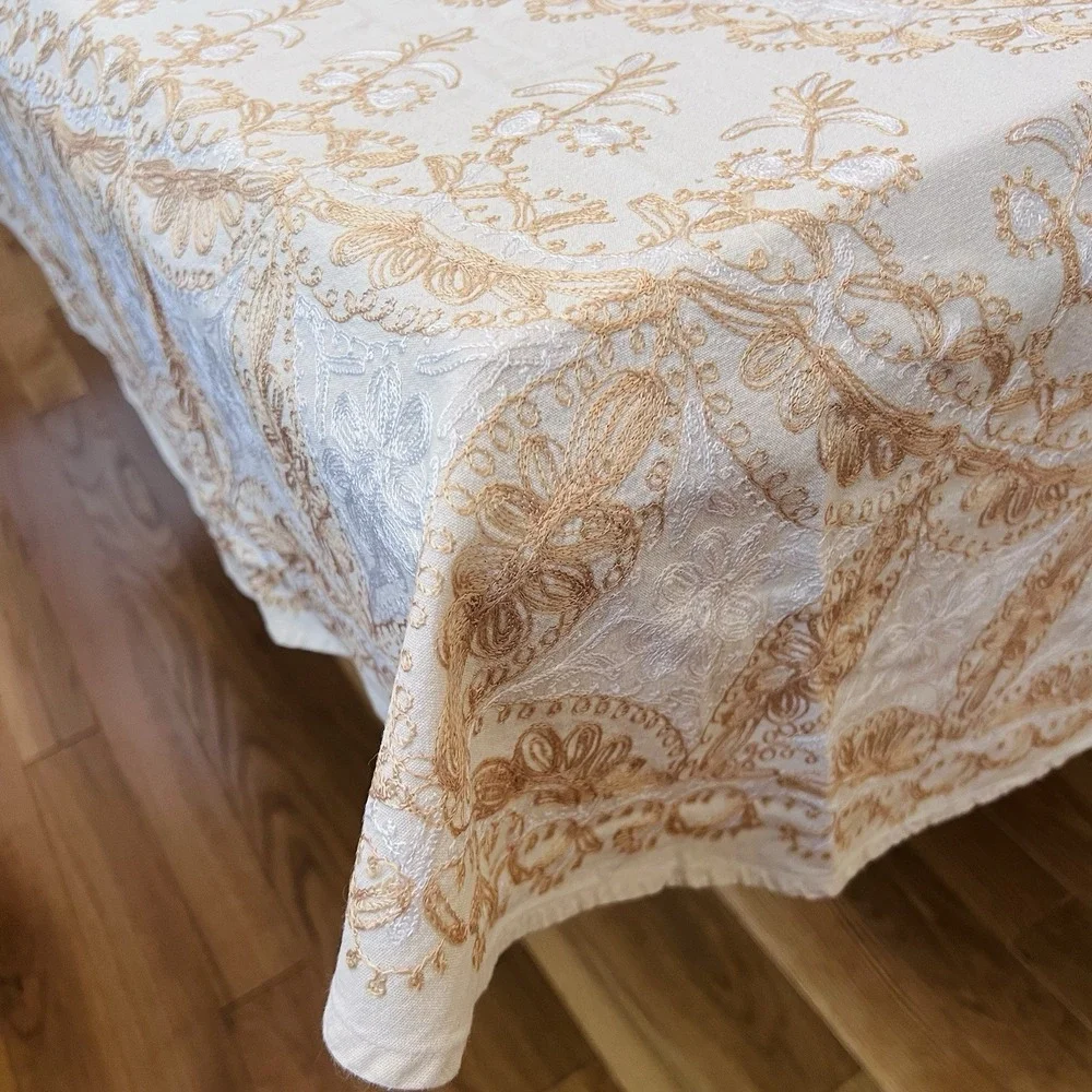 Vintage Aghabani Embroidered Orientalist Cotton Silk Tablecloth/11 Napkins 92x60